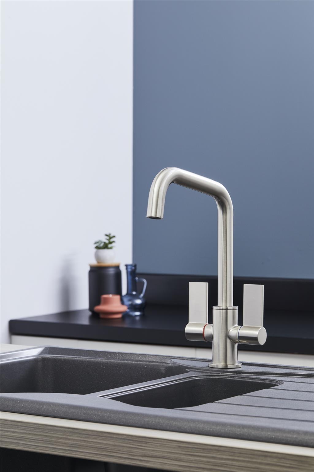 Liquida W18BN Twin Lever D Shape 360 Degree Brushed Nickel Kitchen Tap